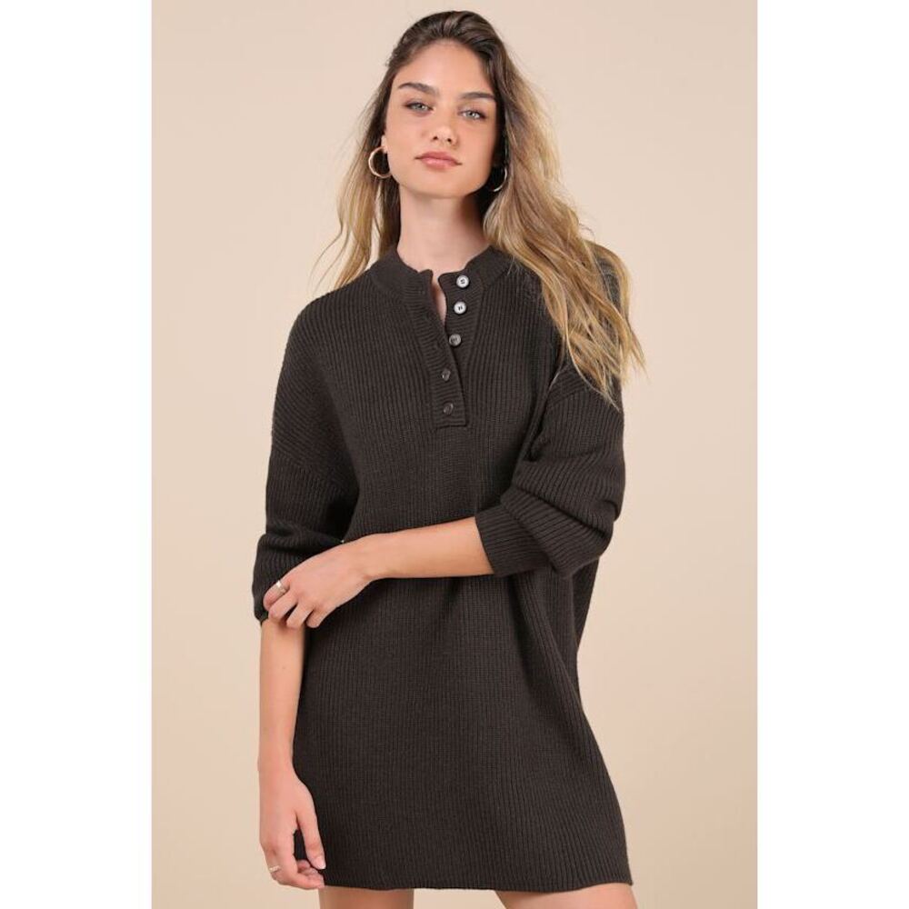 Lulus Coveted Coziness Olive Long Sleeve Henley Sweater Mini Dress Green